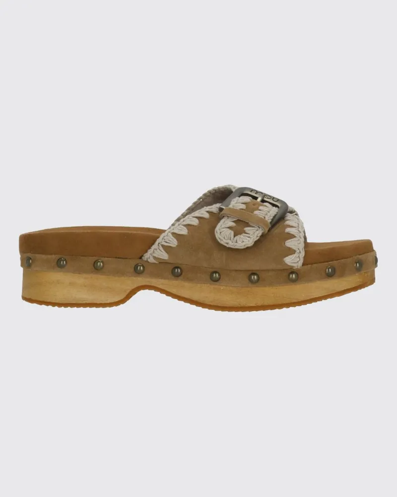 Mou Sandalen aus Veloursleder mit Stickerei, Nieten und Holz-Zwischensohle Braun