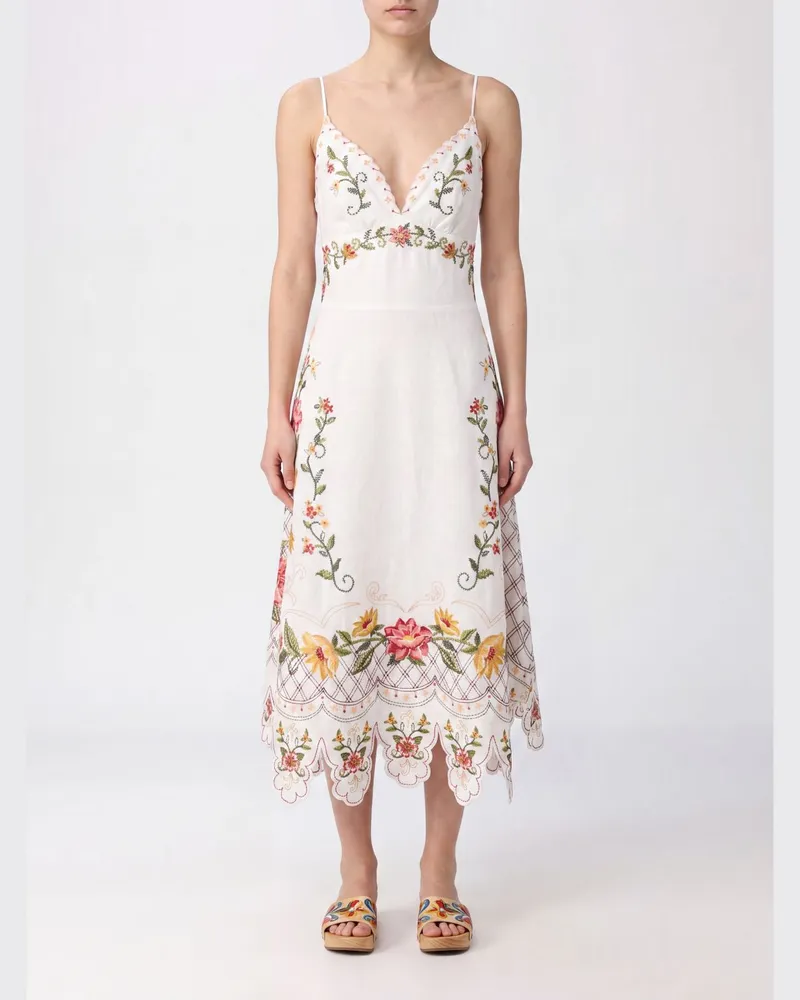 FARM Rio Off-White Flower Midikleid aus Leinen mit V-Ausschnitt und Blumenmuster Weiß