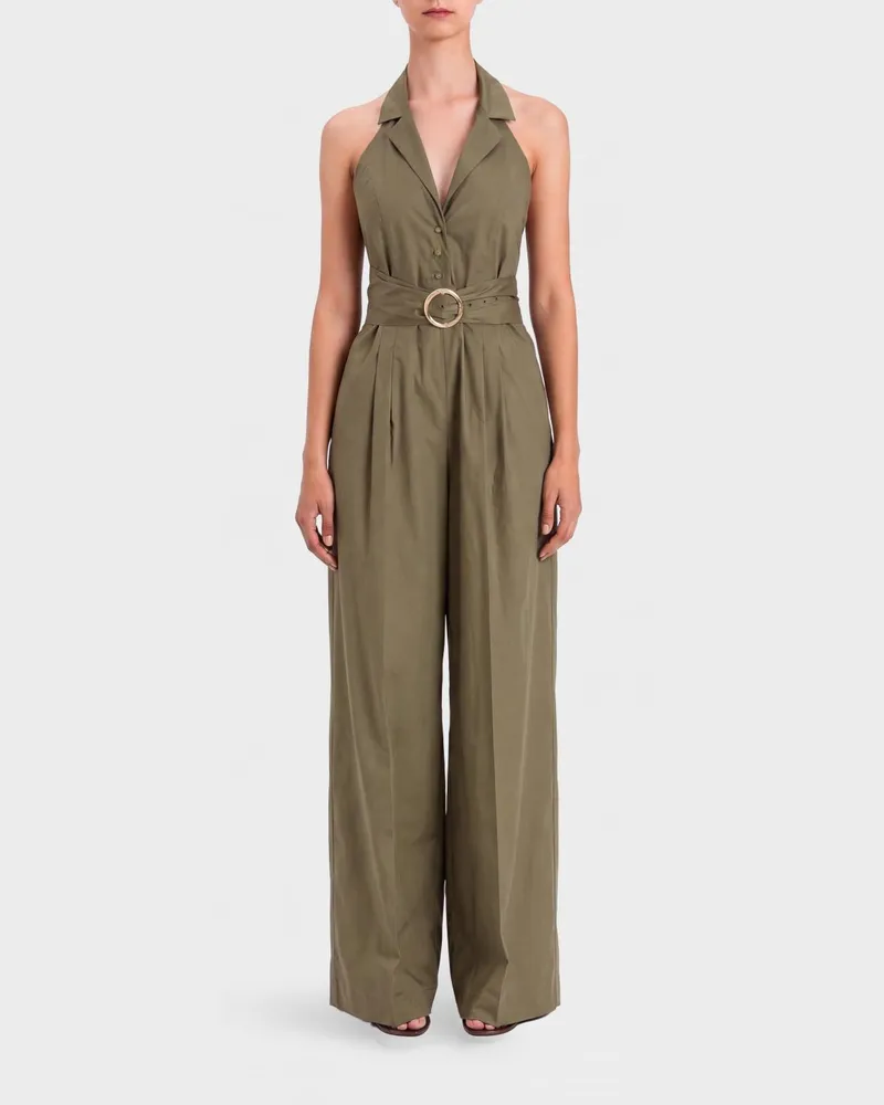 Twin-Set Safari-Jumpsuit aus Baumwolle mit weitem Bein und Gürtel Grün