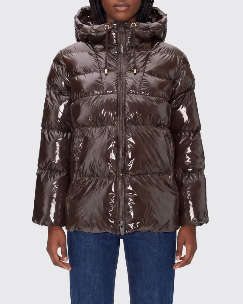 Pinko Kurze, wasserdichte, gesteppte Nylon-Daunenjacke mit Kapuze und elastischen Bündchen Braun