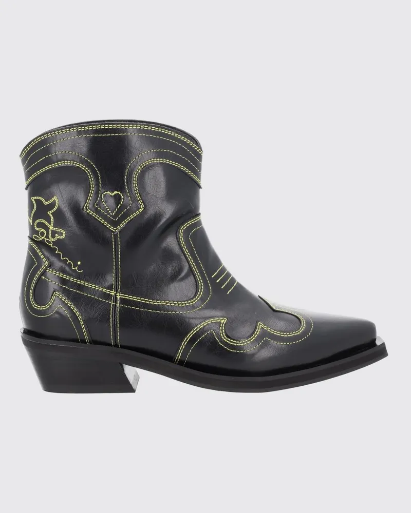 Ganni Low Shaft Western Stiefeletten aus Kunstledermix mit Stickereien Schwarz
