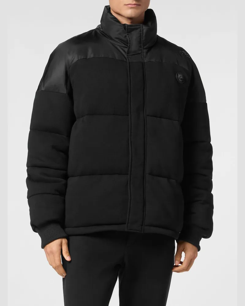 Philipp Plein Kurze gesteppte Daunenjacke aus Nylon mit Stehkragen und Hexagon-Logo Schwarz