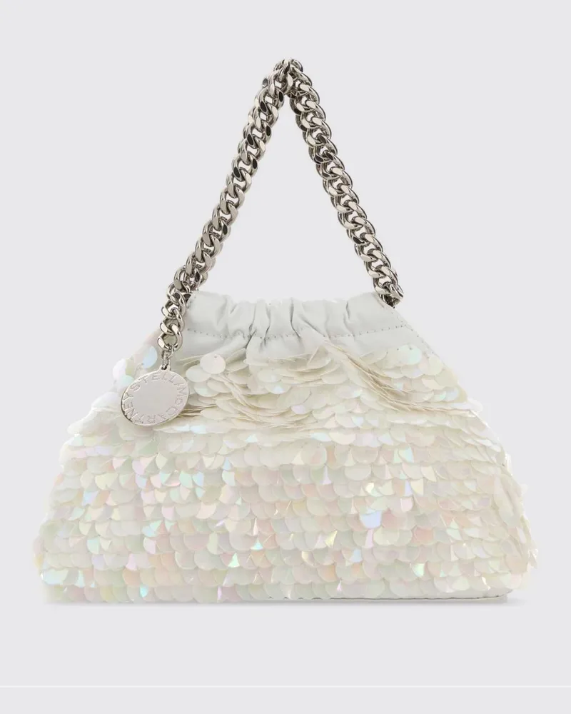 Stella McCartney Kleine Falabella Handtasche aus Satin mit Pailletten und Kettendetail Weiß