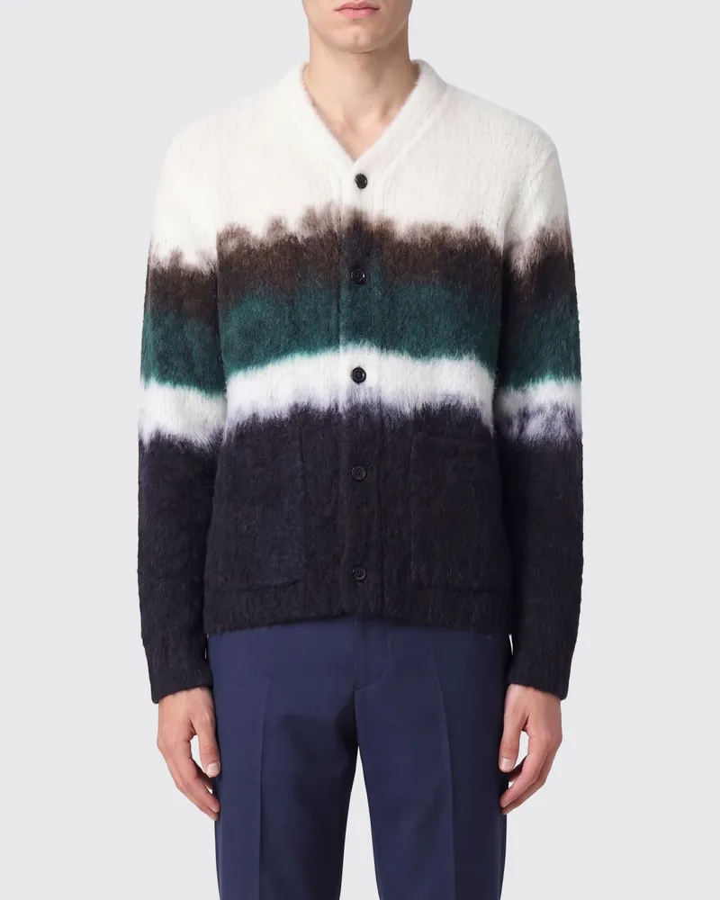 Sacai Cardigan aus Wolle mit bunten Streifen, V-Ausschnitt und aufgesetzten Taschen Schwarz