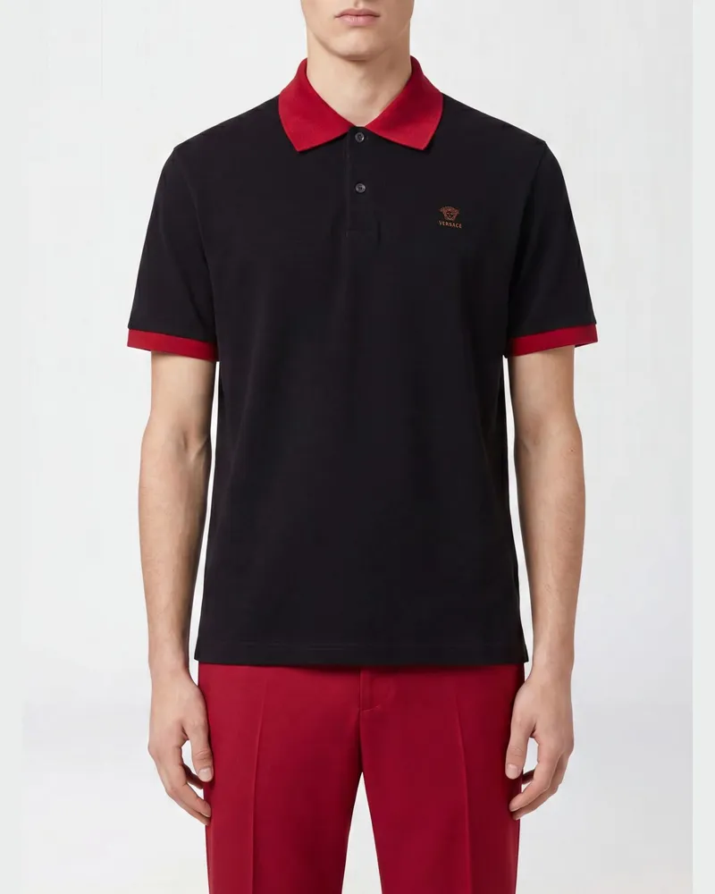 Versace Baumwoll-Poloshirt mit gesticktem Medusa-Logo und Kontrastbesätzen Schwarz