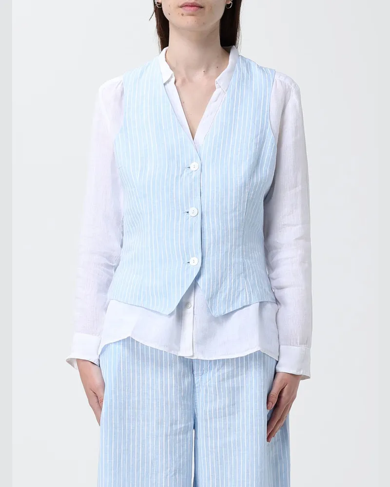 120% Lino Gestreifte Weste Hellblau
