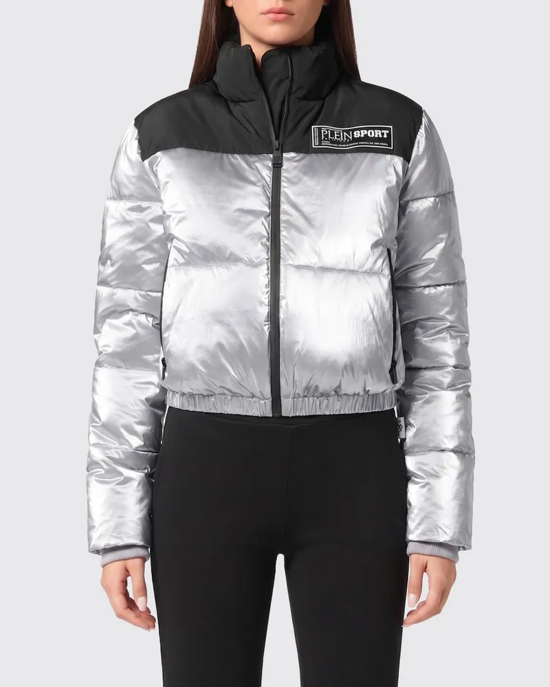 Philipp Plein Kurze zweifarbige Stepp-Nylon-Pufferjacke mit Stehkragen Silber