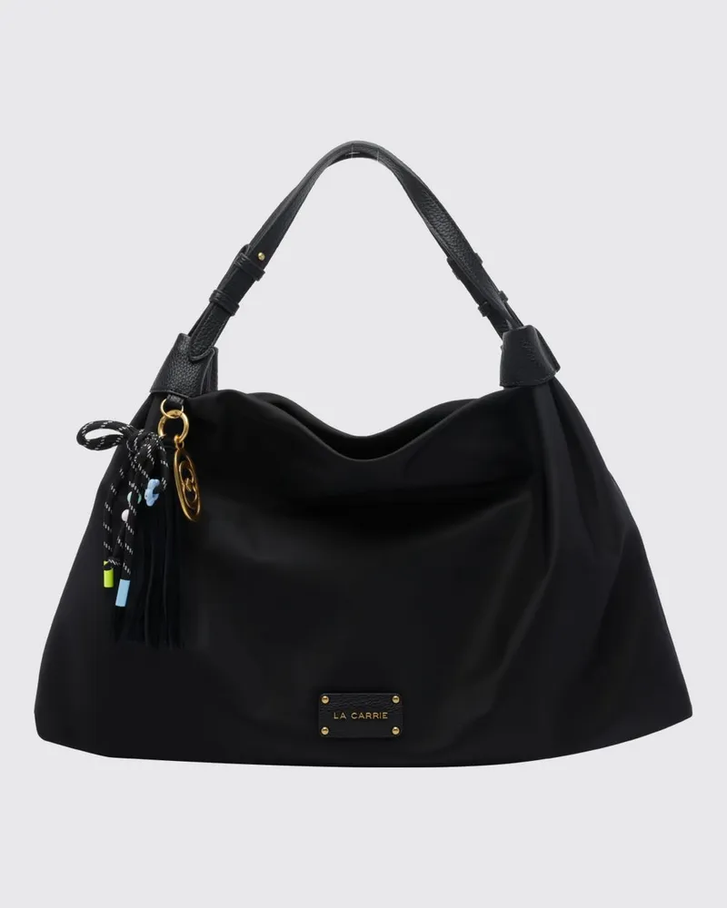 LA CARRIE Nylon-Schultertasche mit doppelt verstellbarem Griff und Anhänger Schwarz