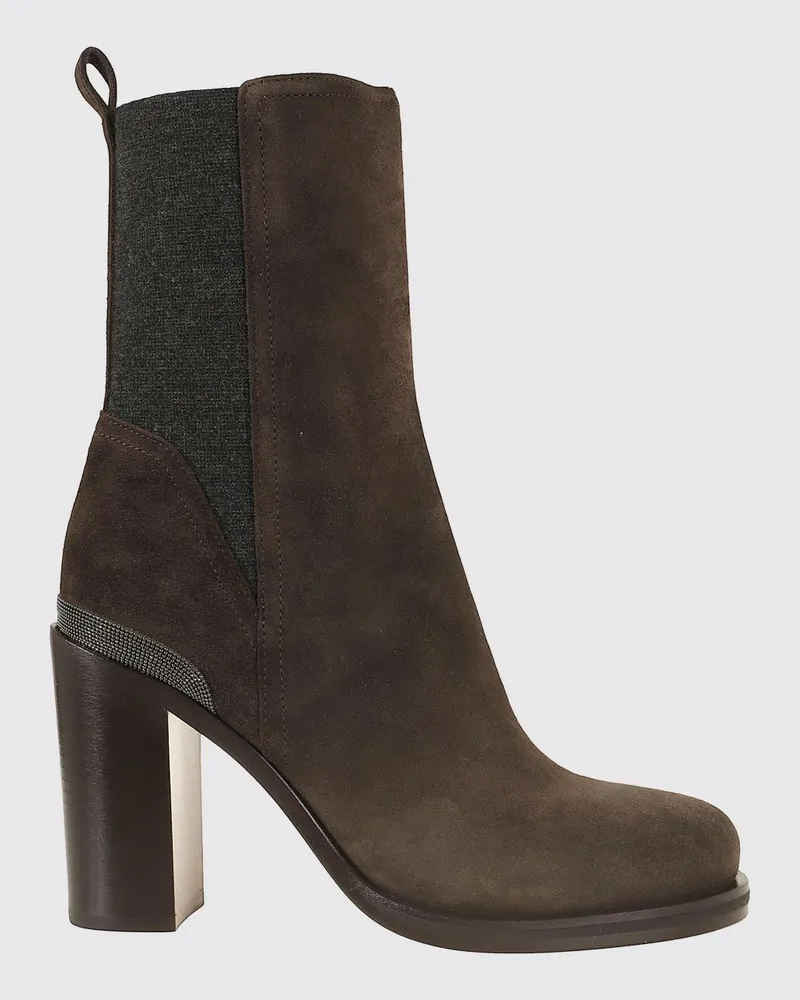 Brunello Cucinelli Wildleder-Chelsea-Stiefeletten mit hohem Absatz und Monili Braun