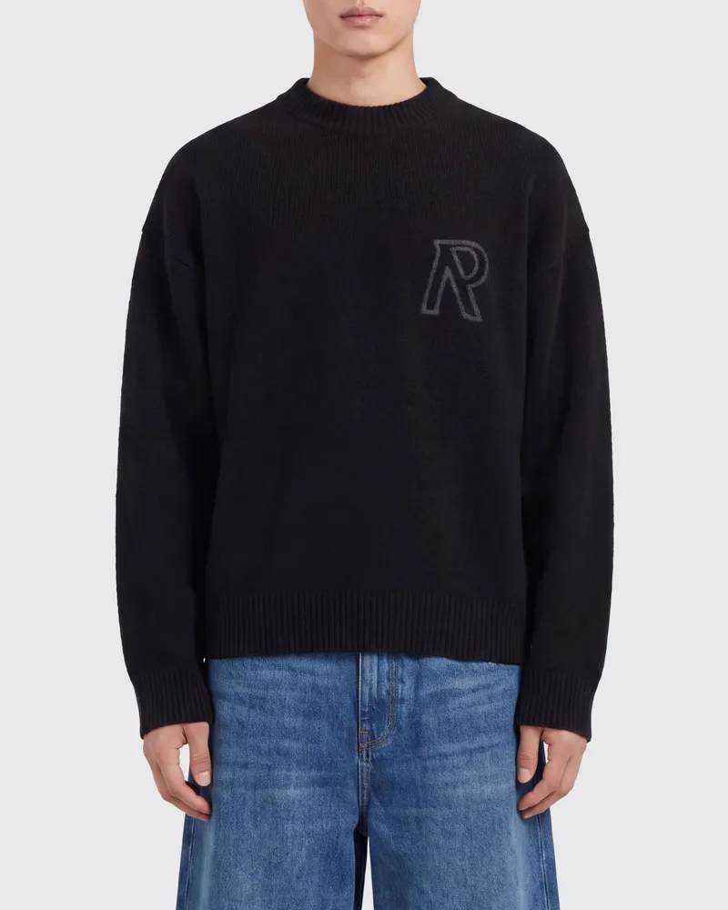 REPRESENT Rundhalspullover aus Alpakawollmischung mit Jacquard-Logo und überschnittenen Schultern Schwarz