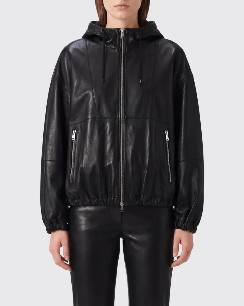 TELA Kurze Lammlederjacke mit Kapuze und Kordelzug Schwarz