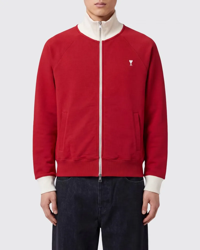 AMI Paris Baumwoll-Sweatshirt mit Reißverschluss, Stehkragen und Ami de Cœur-Monogramm Rot