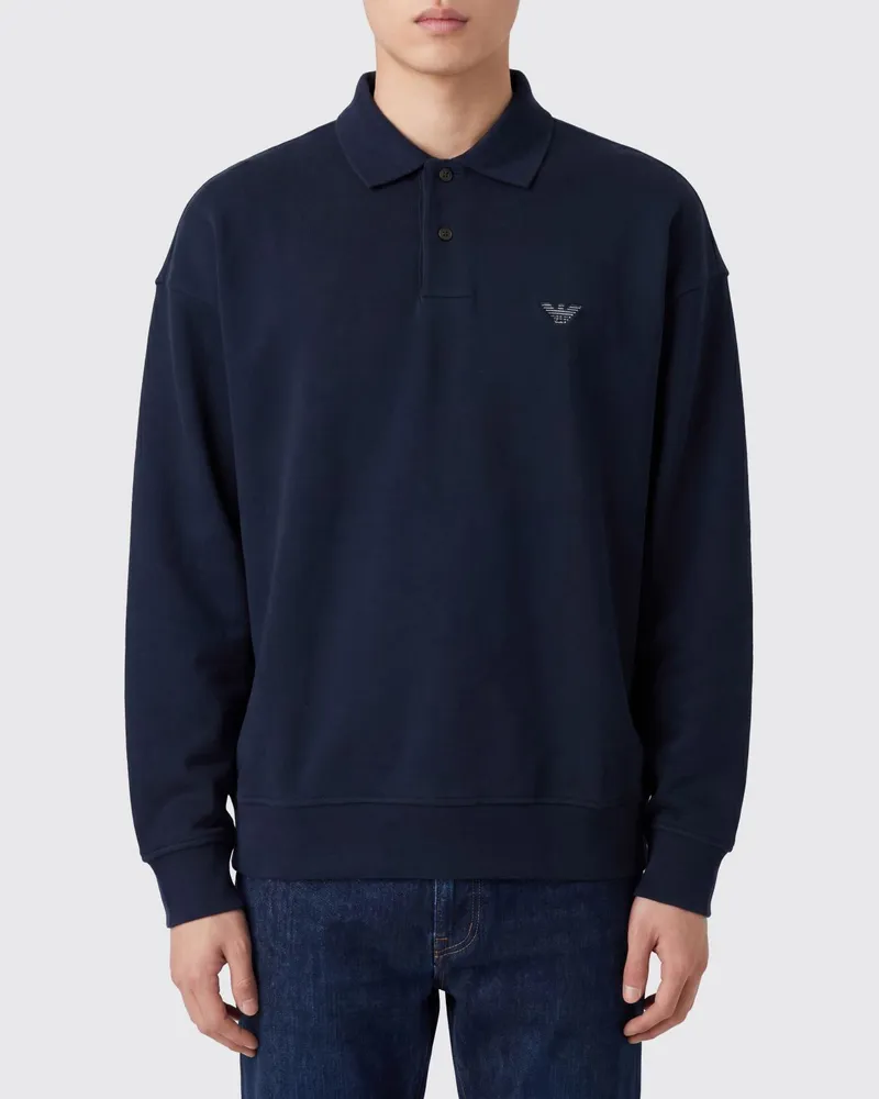 Emporio Armani Langärmeliges Poloshirt aus Baumwolle mit gesticktem Adler-Logo Blau