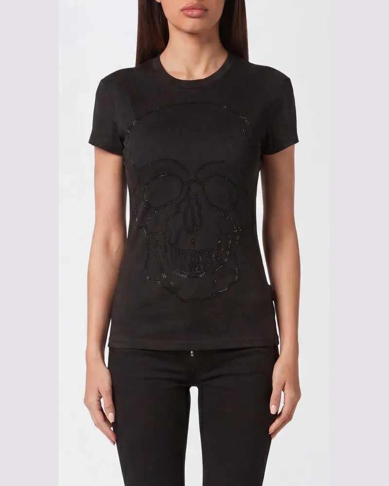 Philipp Plein Slim-Fit-Baumwoll-T-Shirt mit Totenkopf-Print und Strass Schwarz