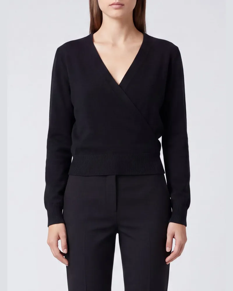 Twin-Set Cropped-Pullover aus Viskosemischung mit V-Ausschnitt und Rippbündchen Schwarz
