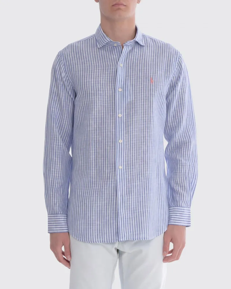Ralph Lauren Gestreiftes Leinenmischgewebe Freizeithemd Blau