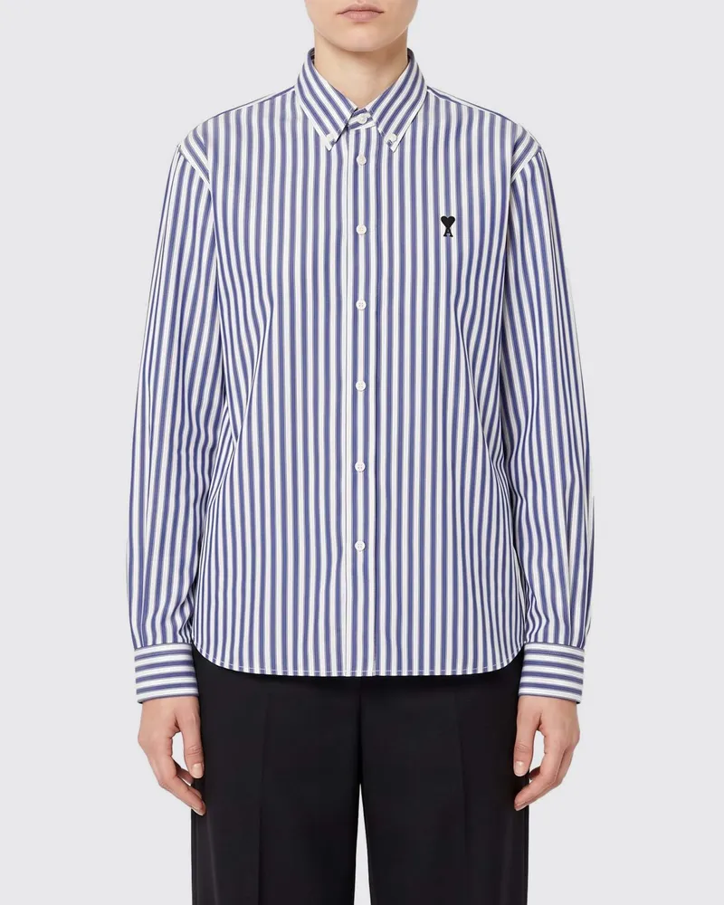 AMI Paris Gestreiftes Baumwollhemd von mit Button-Down-Kragen und gesticktem Logo Blau