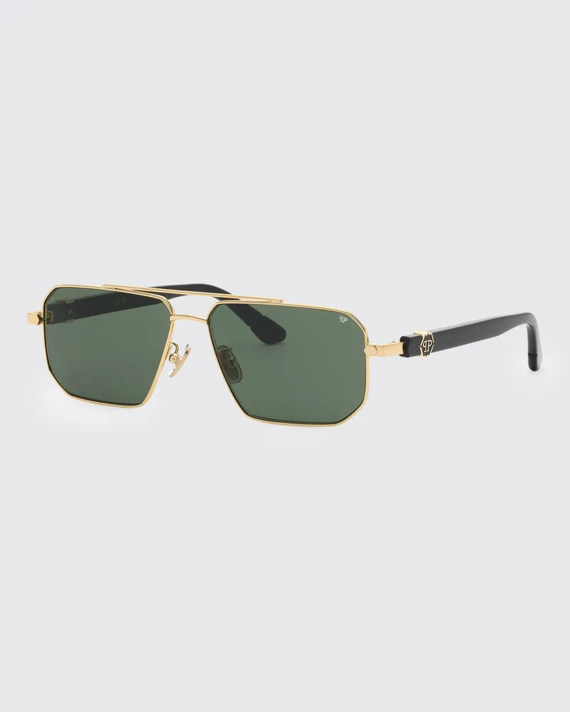 Philipp Plein Aviator-Sonnenbrille aus Metall mit Doppelsteg und Hexagon-Logo Grün