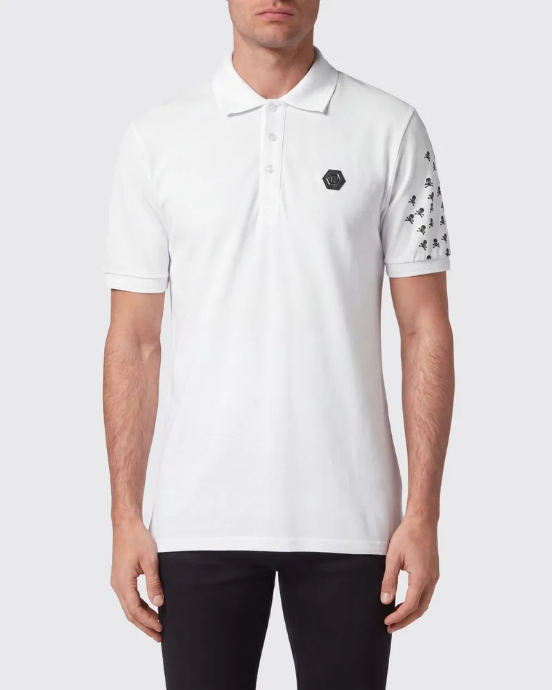 Philipp Plein Baumwoll-Polohemd mit Skull-Monogramm-Print und Hexagon-Logo Weiß