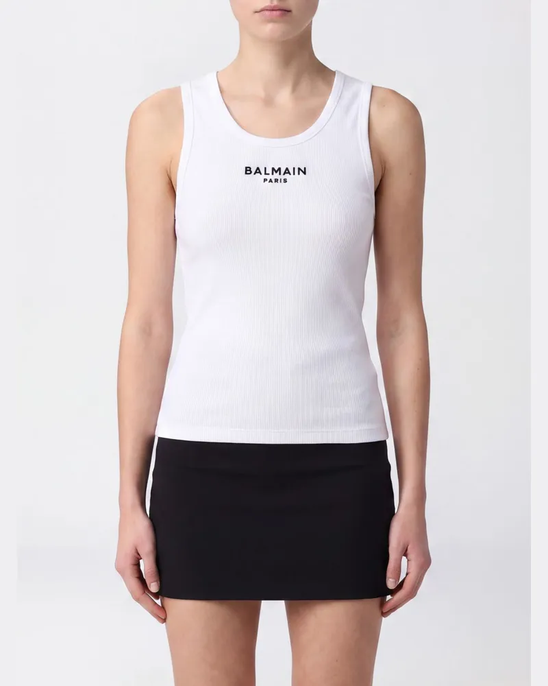 Balmain Ärmelloses Baumwoll-Top von mit Kontrastlogo und Slim Fit Weiß
