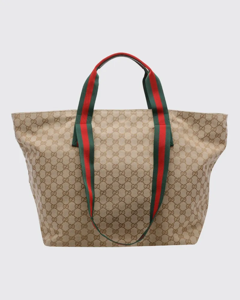 Gucci Medium Shopping-Tasche aus Jacquard-Stoff mit GG-Monogramm und Streifenmuster Beige