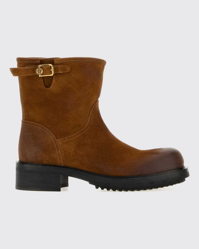 Versace Biker-Stiefel aus Veloursleder mit Medusa-Plakette Beige
