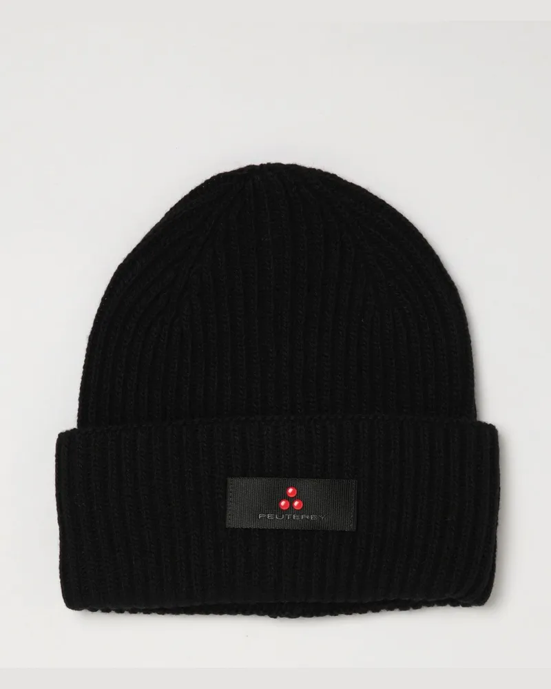 Peuterey Gerippte Beanie-Mütze aus Wolle und Kaschmir mit Umschlag und Logo Schwarz