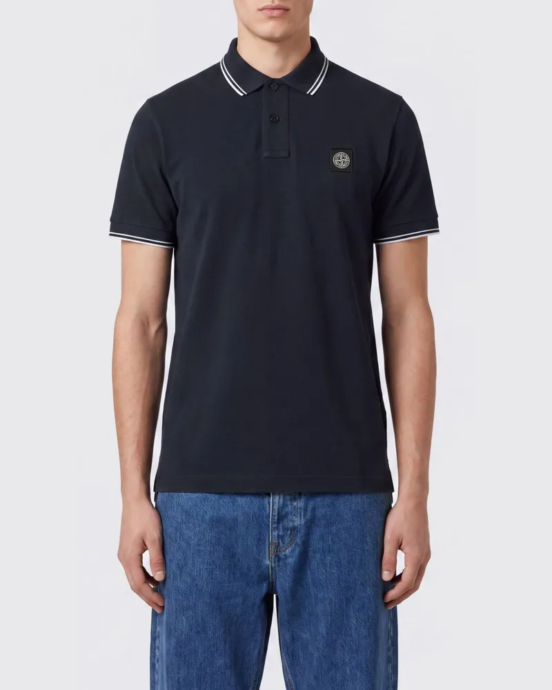 Stone Island Baumwoll-Poloshirt mit Kompass-Logo und kontrastierendem Streifenkragen Blau