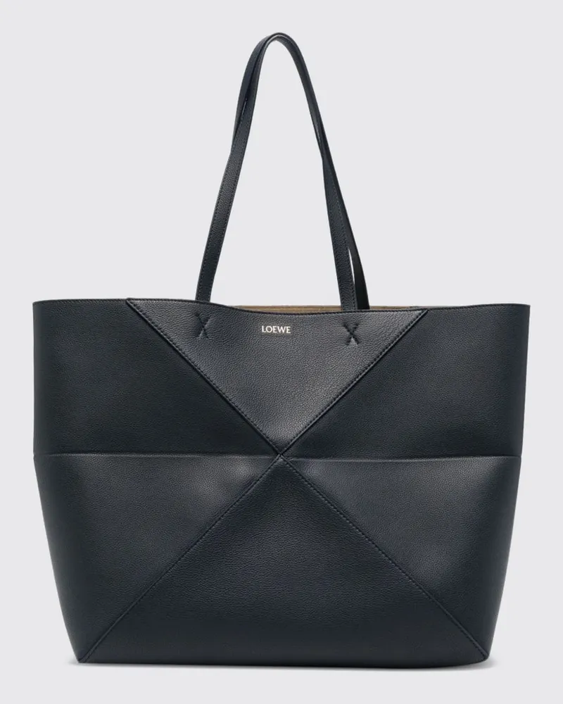 Loewe Große Puzzle Fold Tote Bag aus Kalbsleder mit laminiertem Logo Blau