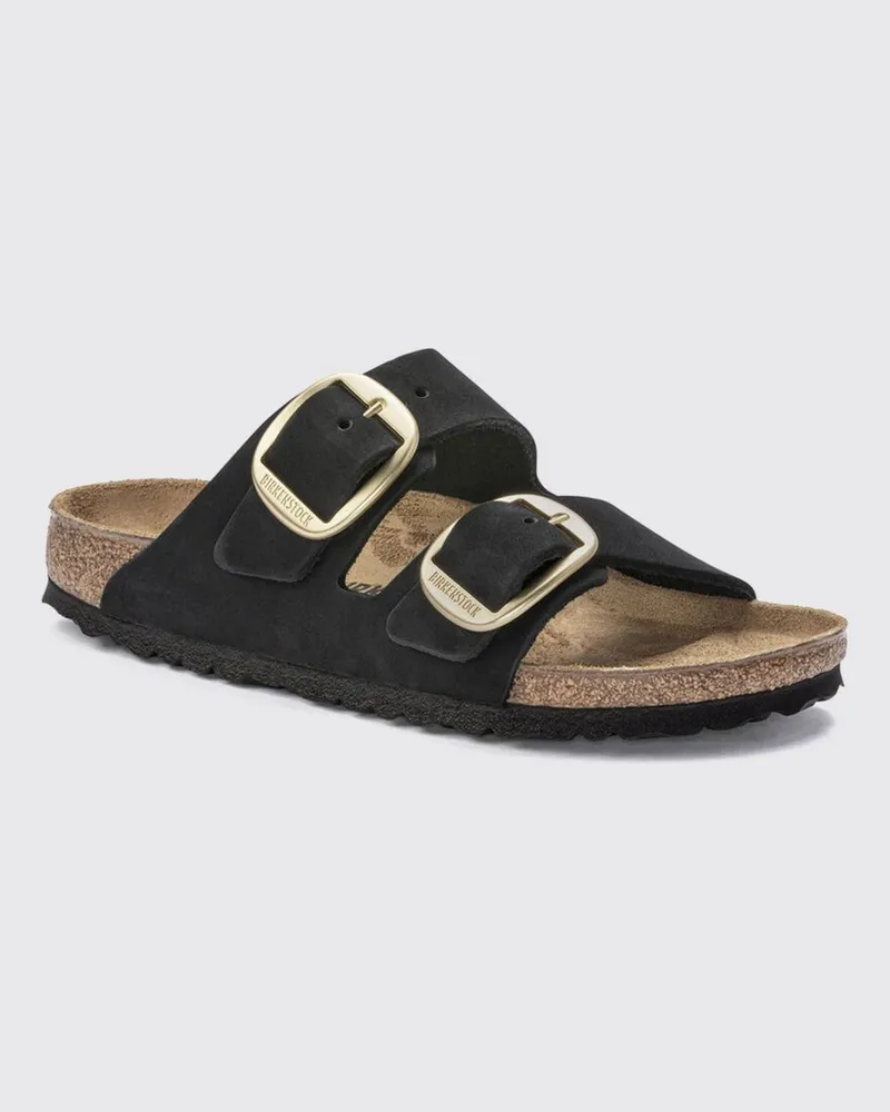 Birkenstock Flache Sandalen Arizona Big Buckle aus Nubukleder mit Doppelschnalle Schwarz