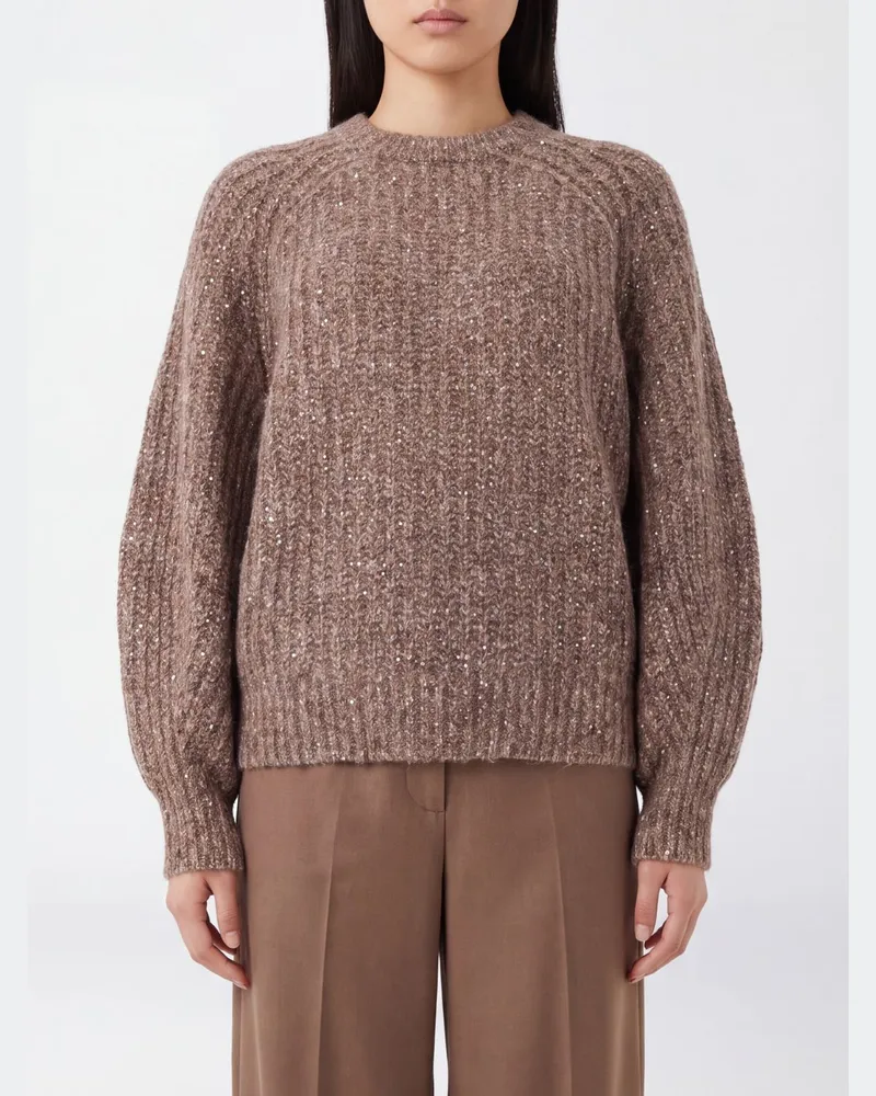 Brunello Cucinelli Pullover aus reinem Kaschmir mit Rundhalsausschnitt und überschnittenen Schultern Beige