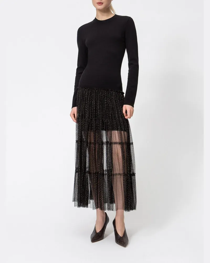 Twin-Set Schmal geschnittenes Midi-Strickkleid mit langen Ärmeln aus Wollmischung und Tüll Schwarz