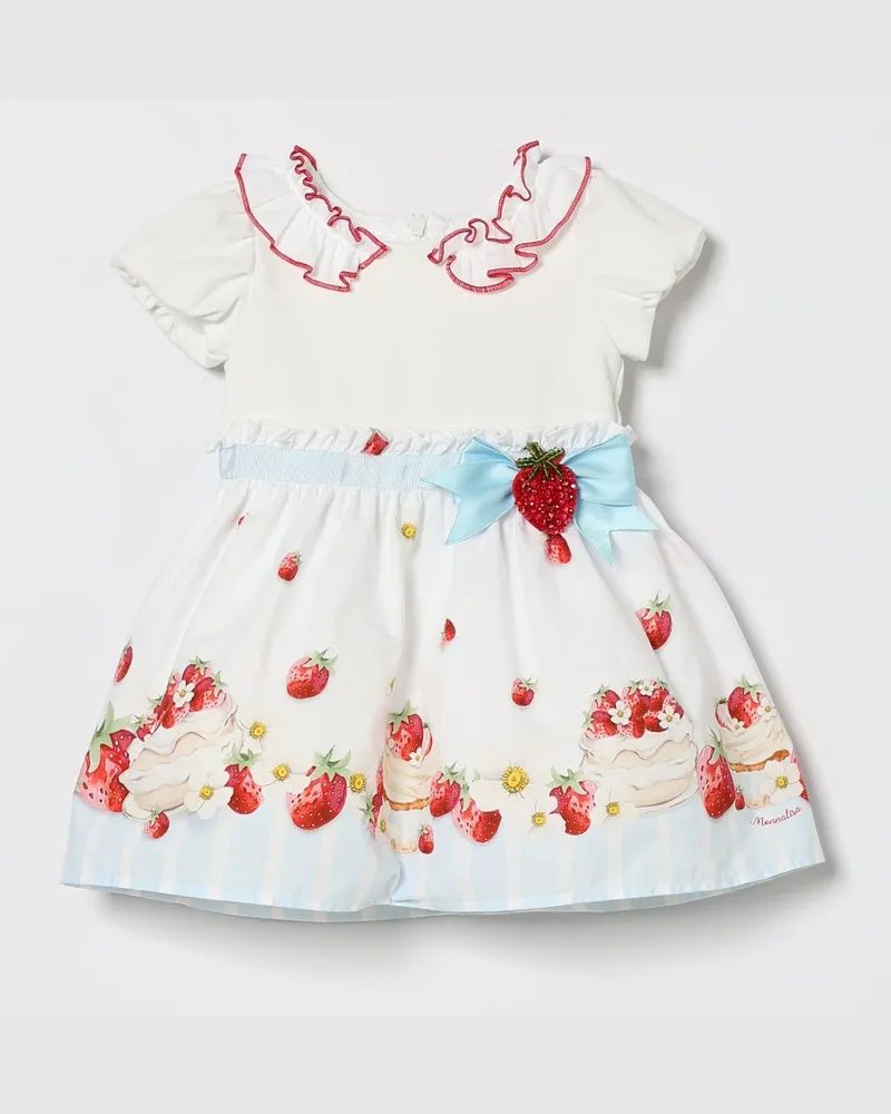 Monnalisa Mädchenkleid aus Baumwolle mit Grafikprint und Peter-Pan-Kragen Weiß