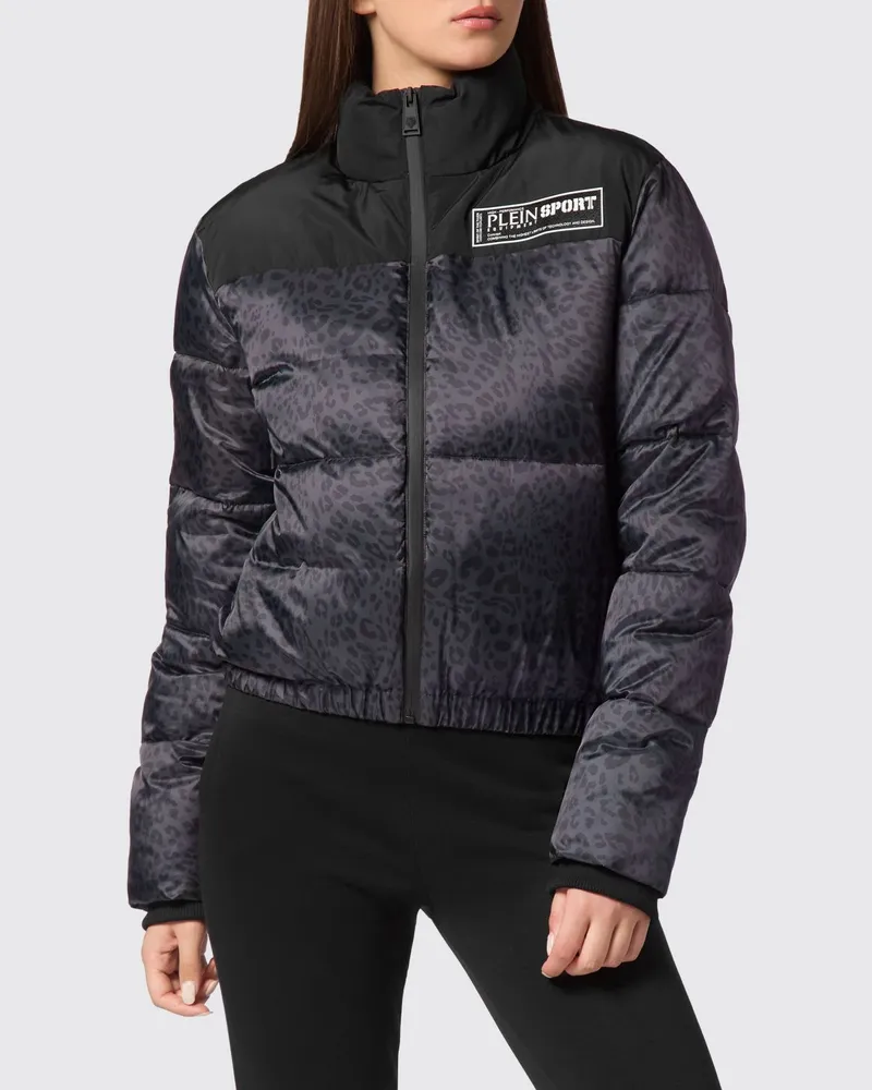 Philipp Plein Kurze Nylon-Pufferjacke mit Animal-Print und Stehkragen Schwarz