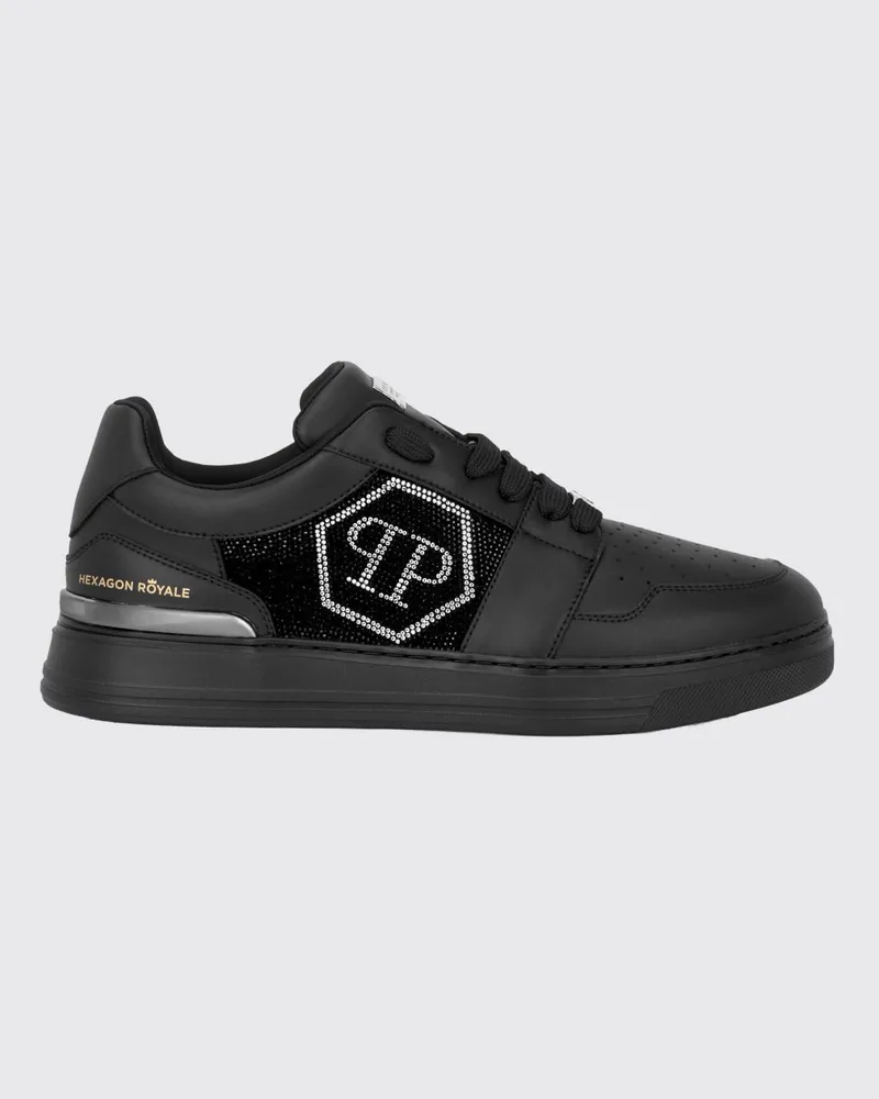 Philipp Plein Hexagon Royale Leder-Sneakers mit Strass-Hexagon-Logo Schwarz