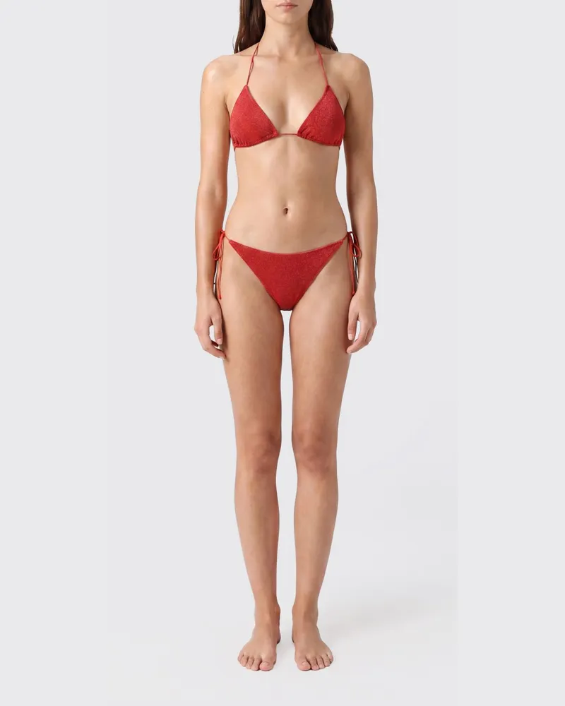 Oséree Korallenfarbener Triangel-Bikini aus Lurex mit Perlenstickerei Korall