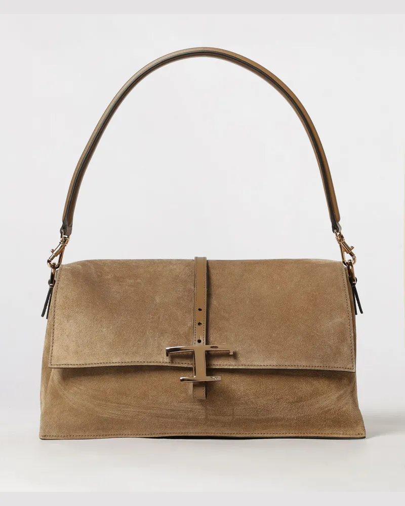 TOD'S Flap T Timeless Schultertasche aus Kalbswildleder Burnt