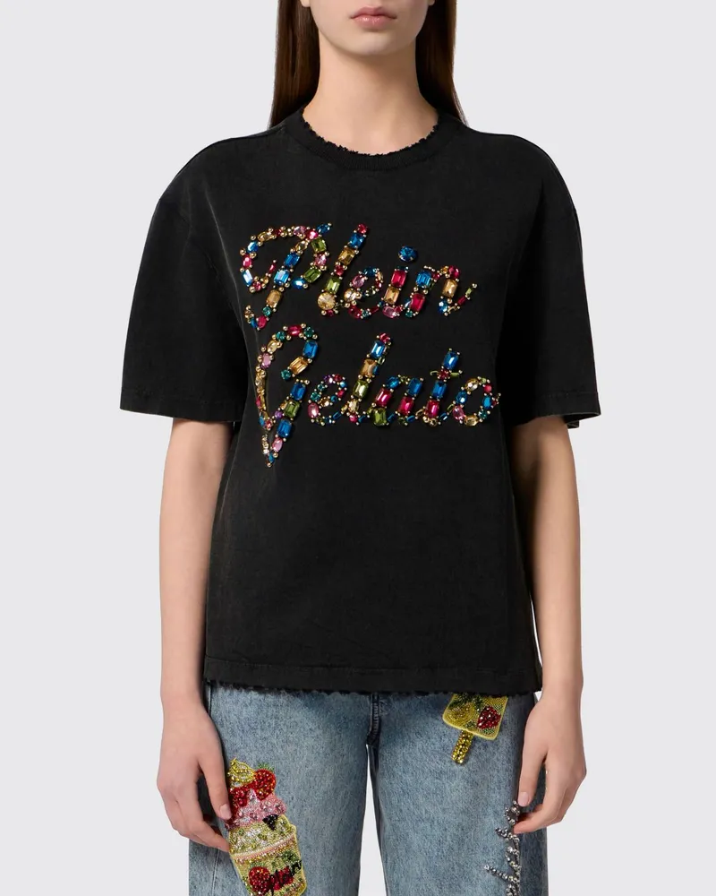 Philipp Plein Relaxed Fit T-Shirt aus Baumwolle mit Strass-Logo und Fransen-Saum Schwarz