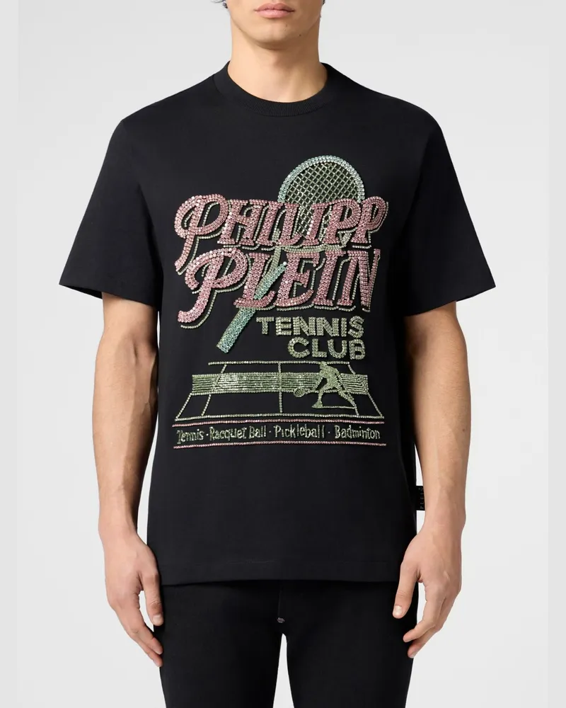 Philipp Plein Tennis Club Baumwoll-T-Shirt von mit gesticktem Strass-Logo Schwarz