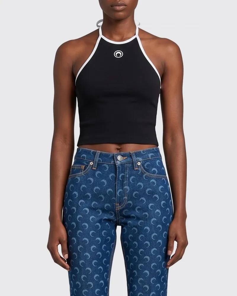 Marine Serre Schulterfreies Cropped-Top in Slim Fit von aus Baumwolle mit Crescent-Moon-Logo Schwarz