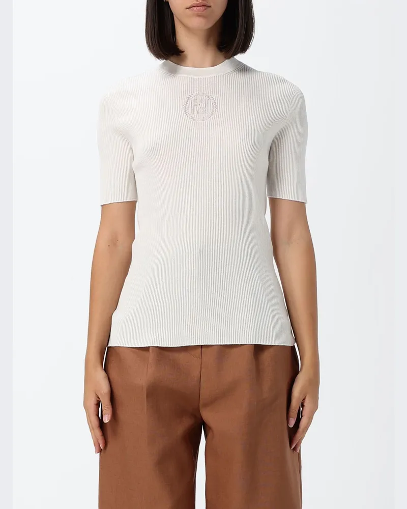 Fendi Kurzärmeliges Stricktop aus gerippter Baumwolle mit FF-Monogramm Weiß
