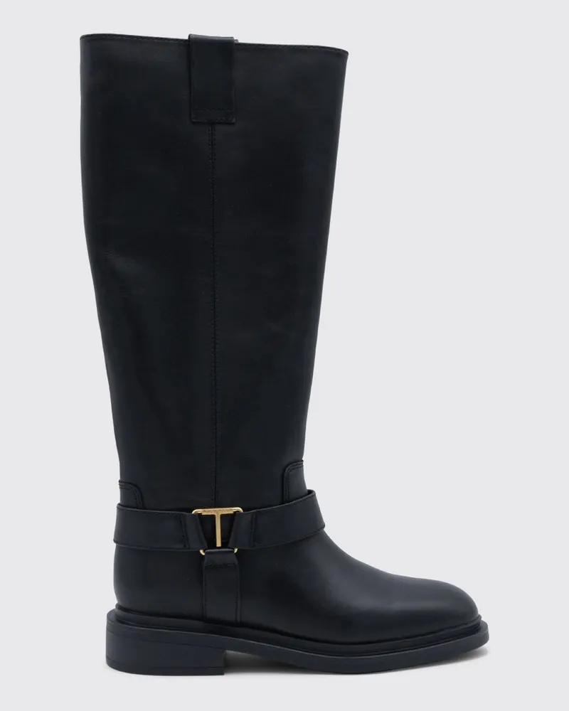Twin-Set Kniehohe Biker-Stiefel aus Glattleder mit doppelten Zuglaschen Schwarz