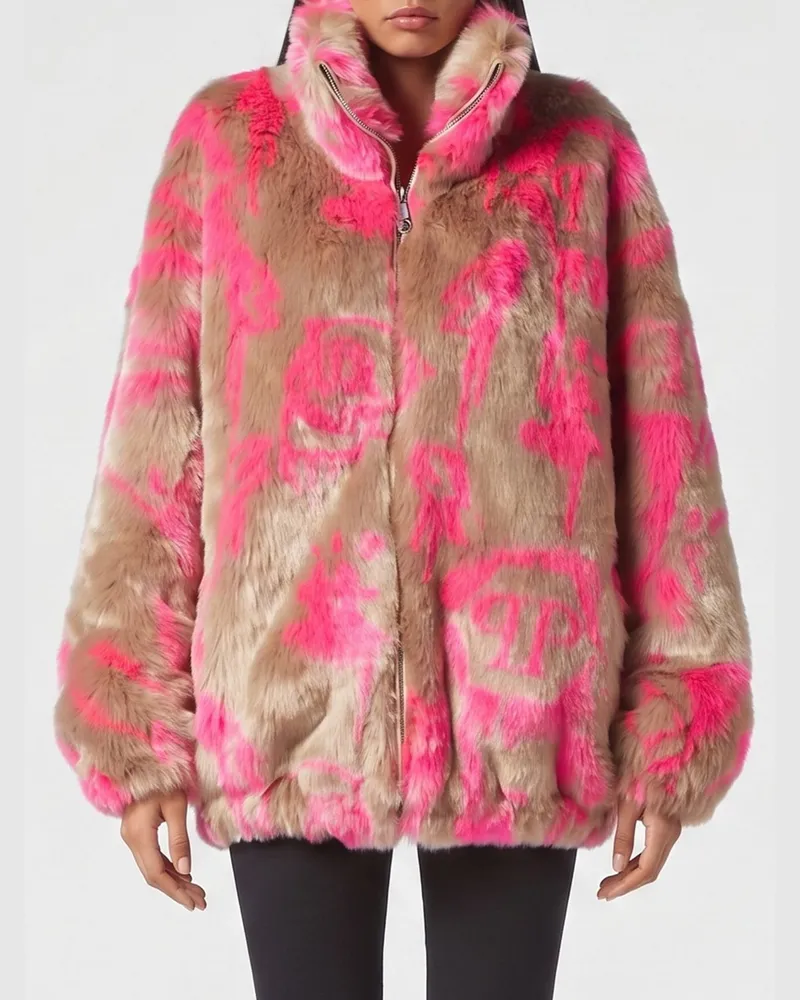Philipp Plein Kurze Webpelzjacke mit Grafikprint und Stehkragen Beige