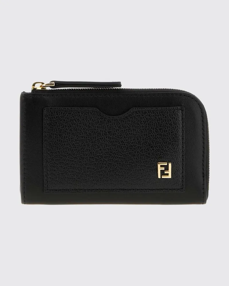 Fendi Flacher Kartenhalter aus Kalbsleder mit FF-Metalllogo Schwarz
