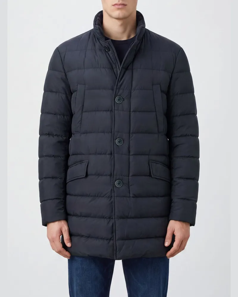 Herno Langer Stepp-Daunenmantel aus Nylon mit hohem Kragen und Knopfverschluss Blau