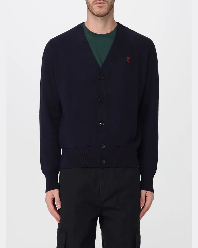 AMI Paris Woll-Cardigan mit V-Ausschnitt und kontrastierender Logo-Stickerei Marine