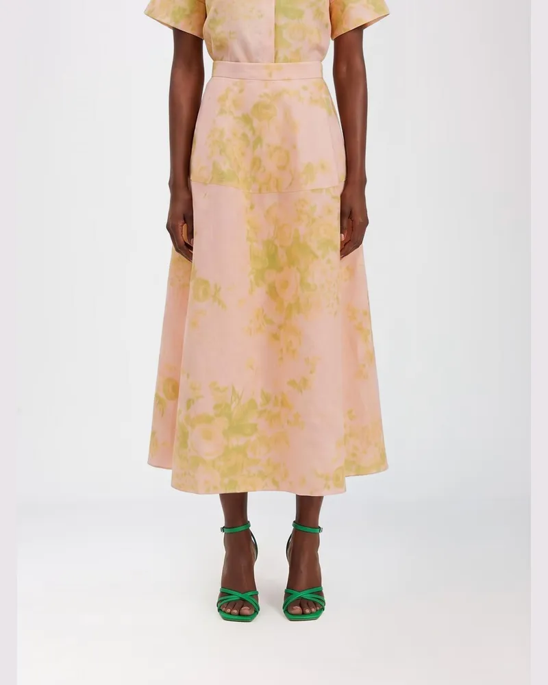 Erdem Ausgestellter Midi-Rock aus Leinen-Baumwoll-Mischung mit Blumenmuster Pink