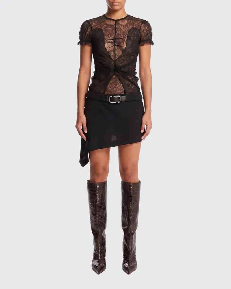 ATTICO Asymmetrisches Minikleid aus Spitze und Jersey mit Rundhalsausschnitt Schwarz
