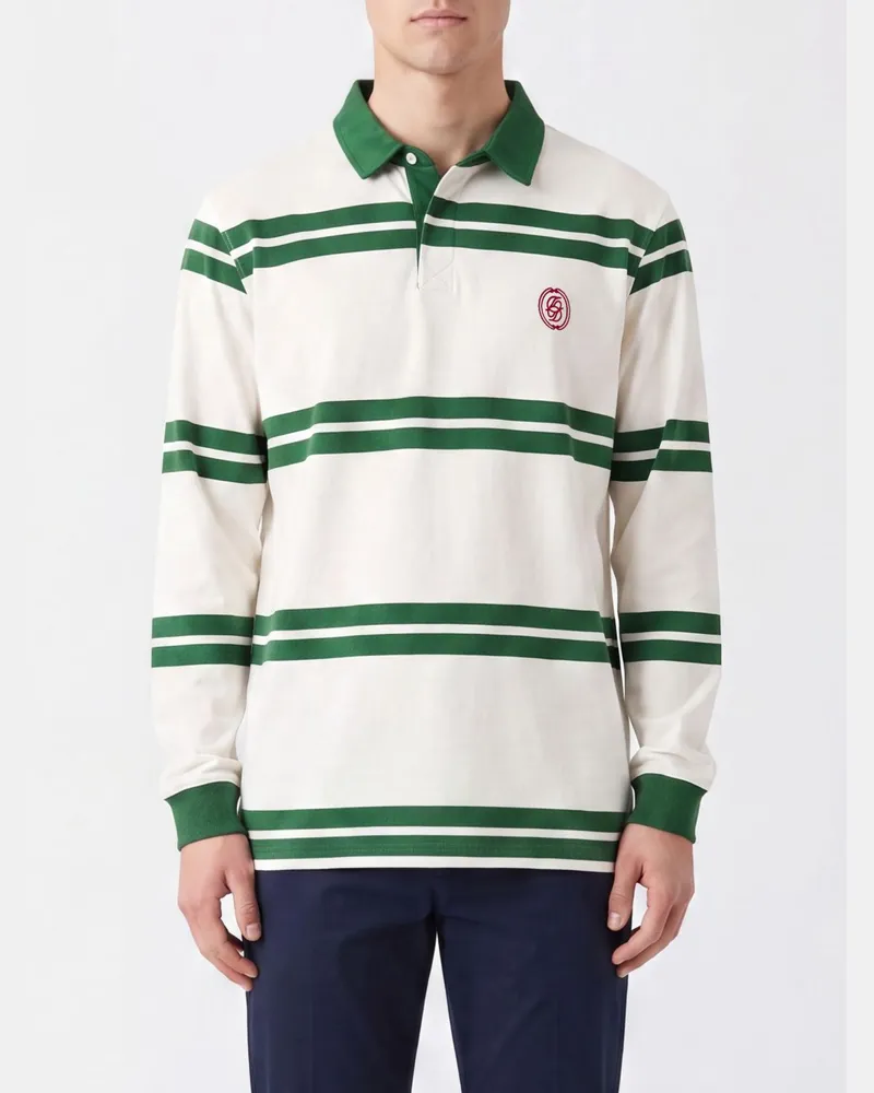 Drôle de Monsieur Gestreiftes langärmeliges Baumwoll-Polo von mit gesticktem Logo Grün
