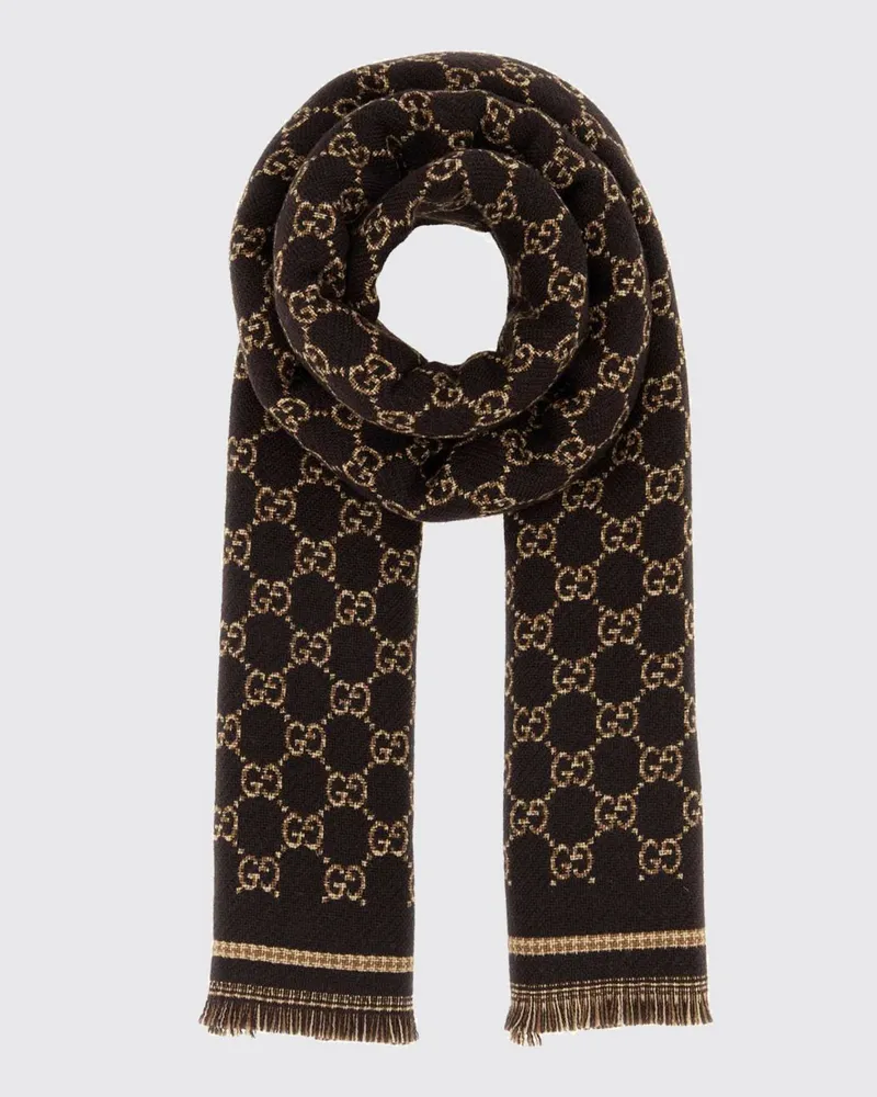Gucci Wollschal mit durchgehendem GG-Muster und Fransenkanten Braun